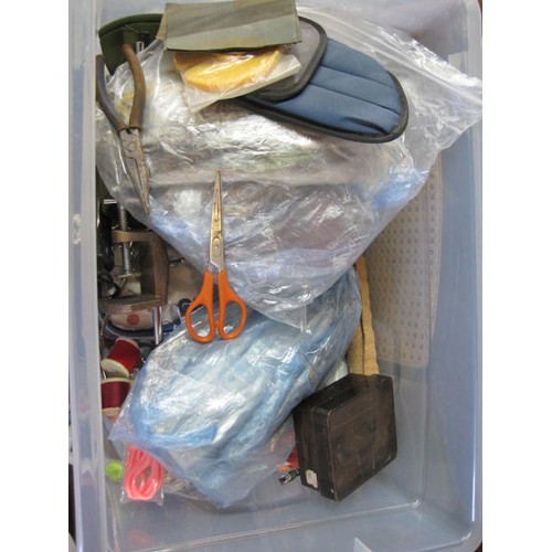 242 - A large box of fishing fly-making items including packets of hooks, clamps, lines, feathers & other ... 