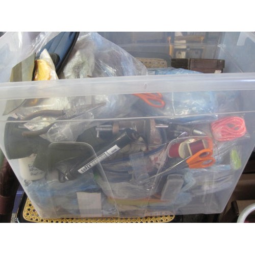 242 - A large box of fishing fly-making items including packets of hooks, clamps, lines, feathers & other ... 