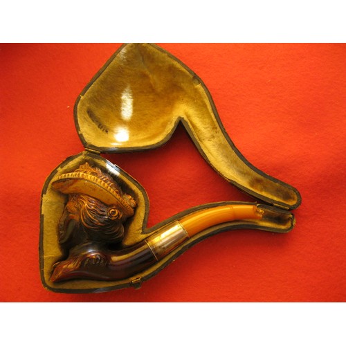 258 - A cased antique carved meerschaum pipe in the form of an Edwardian lady, fitted with a white metal b... 