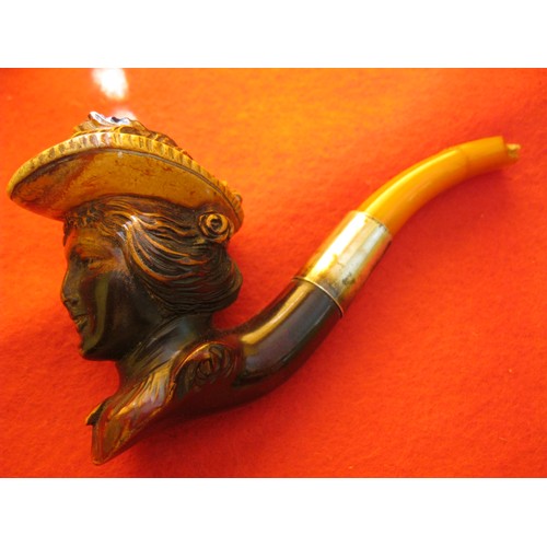 258 - A cased antique carved meerschaum pipe in the form of an Edwardian lady, fitted with a white metal b... 