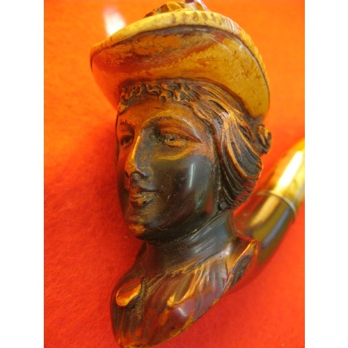 258 - A cased antique carved meerschaum pipe in the form of an Edwardian lady, fitted with a white metal b... 