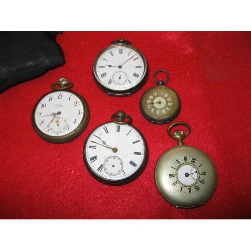 331 - A small purse containing 5 vintage and antique pocket watches, 2 appear to be running, 3 in sterling... 