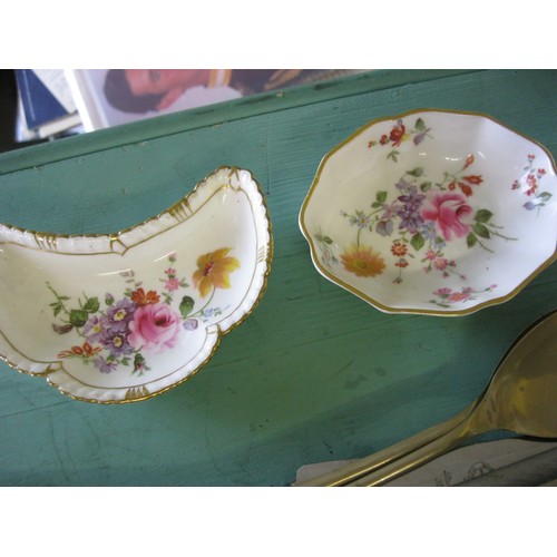 58 - A decorative salad bowl containing implements and two small trinket bowls by Royal Crown Derby