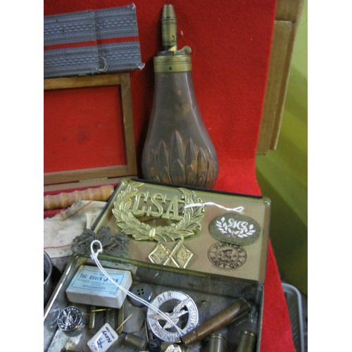 153 - A box containing an assortment of military and related items, including a vintage 8th Corps plaque b... 