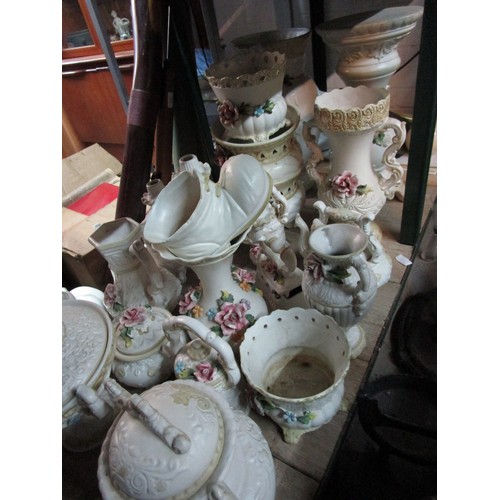 85 - A very large assortment of Capo di Monte floral decorated items including a jardiniere stand, a pair... 