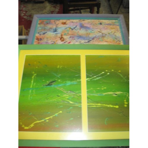 2 - A trio of decorative abstract artworks, two in colourful frames