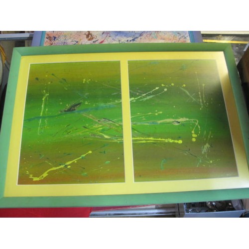 2 - A trio of decorative abstract artworks, two in colourful frames