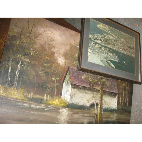 4 - A large oil on canvas plus a F&G photographic print of an aerial view of Hamworthy in the late 1970s