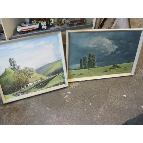 9 - x2 paintings including one of Corfe Castle, oil on board, signed 'Kirby 68'