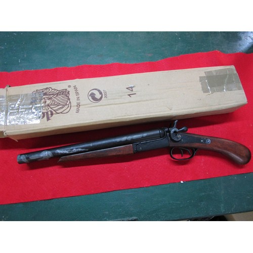 179 - Denix 1114 Double Barrelled Pistol 1863, boxed, some damp damage to boxes and to pistol but still pr... 