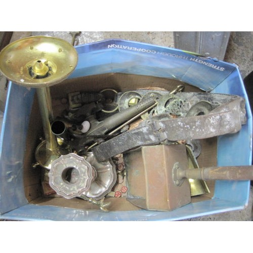 29 - Box of assorted brassware and metalware, including spigots, horsebrasses, candlesticks etc.