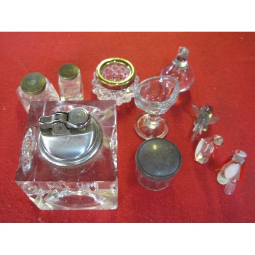 36 - Interesting assortment of glass pots, eyewash cups, lighter etc. plus a number of glass animals