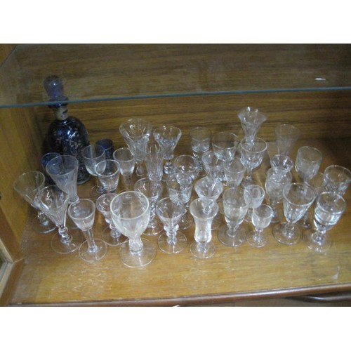 33 - Assorted antique glassware, including hand made, plus a murano-style decanter and glasses in cobalt ... 