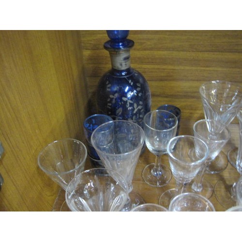 33 - Assorted antique glassware, including hand made, plus a murano-style decanter and glasses in cobalt ... 