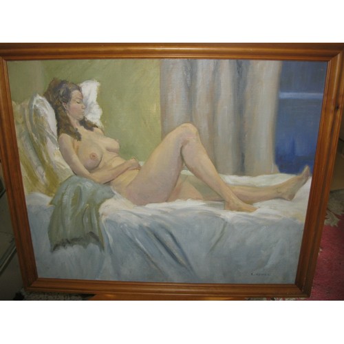 13 - A well-executed pine-framed oil on board painting of a nude signed K Edwick