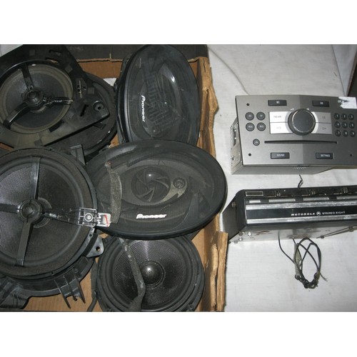 19A - A box of car speakers, a GM Delphic Grundig CD30 head unit, a vintage Motorola Stereo 8 car 8-track ... 