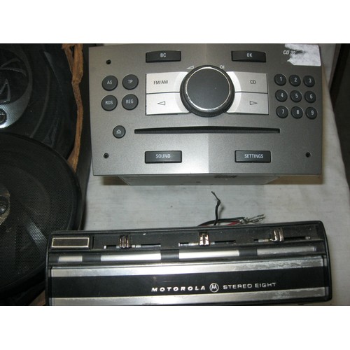 19A - A box of car speakers, a GM Delphic Grundig CD30 head unit, a vintage Motorola Stereo 8 car 8-track ... 