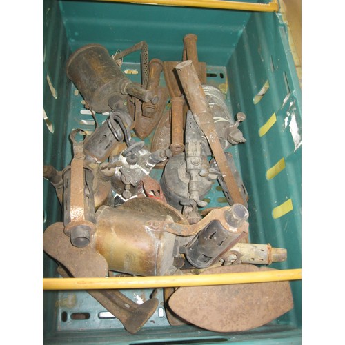 27A - A large box of vintage brass blowlamps, plus a number of pieces of metalwork including shoe-lasts et... 