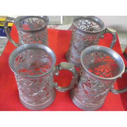 16 - Set of 4 Hing Fat Hong Kong dragon pewter mugs with glass liners (one is cracked)