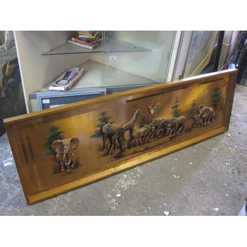 1 - A large vintage mid-century wall hanging featuring African animals in relief, all mounted in a teak ... 