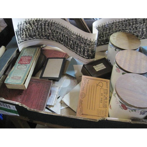 35 - 3 Poole Pottery 'Cranborne' storage jars plus a tray of ephemera