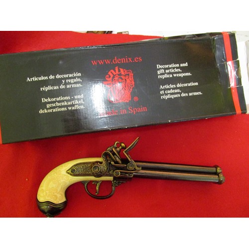 217 - A Denix 1016 replica 1680 3-Barrelled Italian flintlock pistol, boxed and in excellent unused condit... 