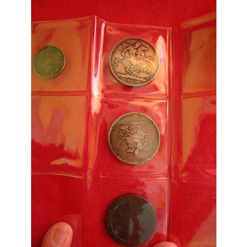 96 - A selection of British coins comprising a 1797 Cartwheel Penny (holed), an 1818 Crown (worn), a 1788... 