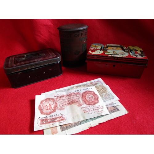 114 - A George V postbox style moneybox and two old cash tins containing a quantity of old pennies plus a ... 