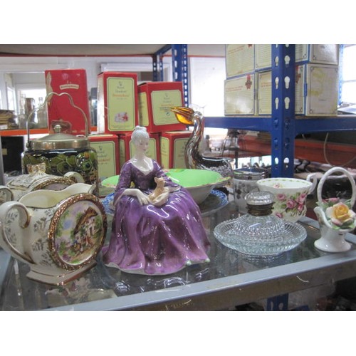 79 - A shelf of china, porcelain and glass items including a retro biscuit barrel, a Doulton Lady, a cut ... 