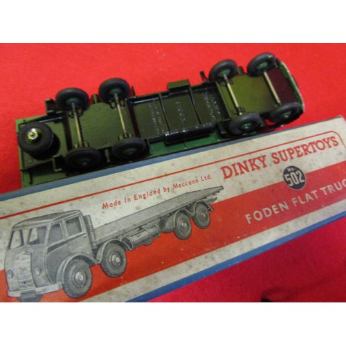 113 - Dinky Supertoys #502 Foden Flat Truck finished in rare green, boxed. Box very good with some foxing ... 