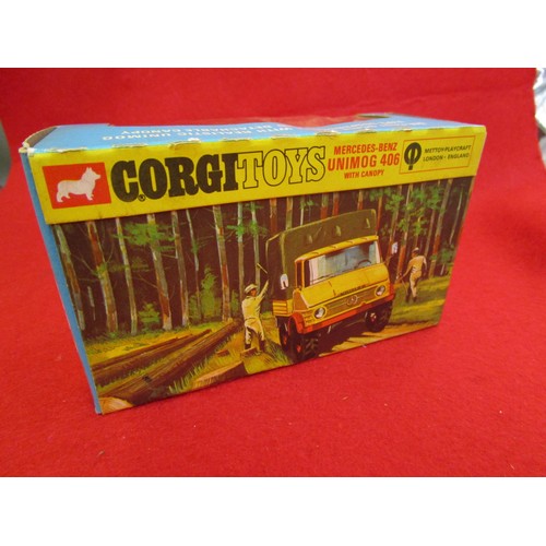 146 - Corgi Toys #406 Mercedes-Benz Unimog 406 with Canopy, boxed, model mint, box very good.