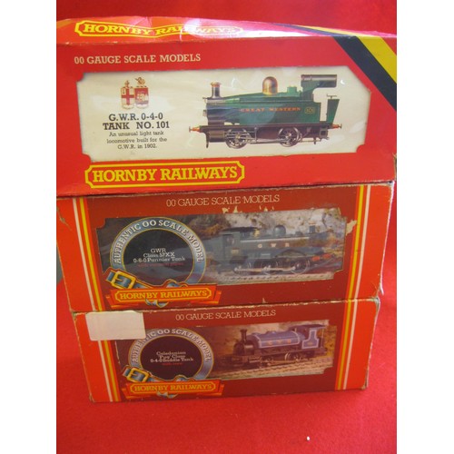 1026 - Three boxed Hornby locomotives: R057 Caledonian 0-4-0 Saddle Tank, R300 GWR Class 57XX Pannier Tank ... 