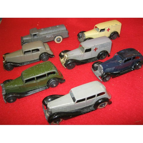 239 - A selecdtion of 7 Dinky Toys cars and commercial vehicles including 2 ambulances, and a Pool truck, ... 