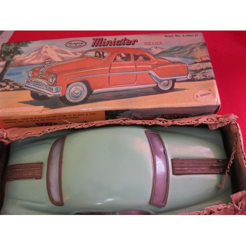 1 - A boxed Minister Delux tin plate car in light green, friction drive, wear to chromed parts but other... 