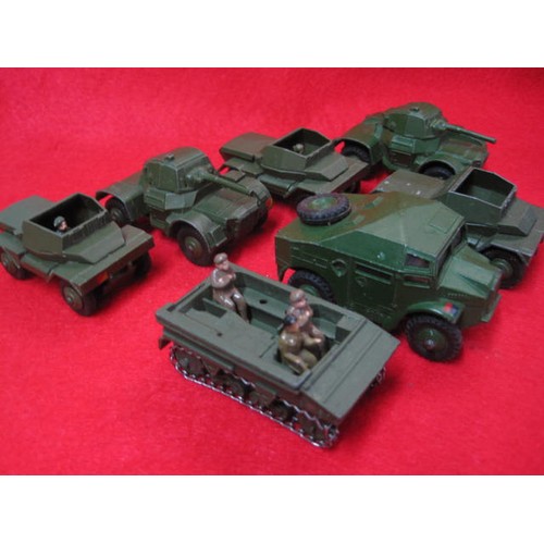 183 - 2 Dinky Armoured cars 670  Field Artillery Tractor 3 Scout cars  and a Bren Gun carrier with two rep... 