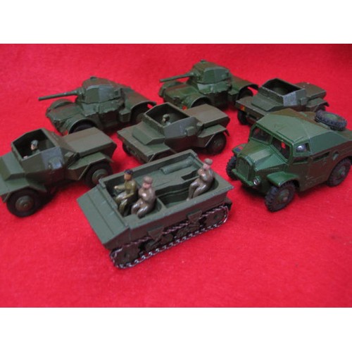 183 - 2 Dinky Armoured cars 670  Field Artillery Tractor 3 Scout cars  and a Bren Gun carrier with two rep... 