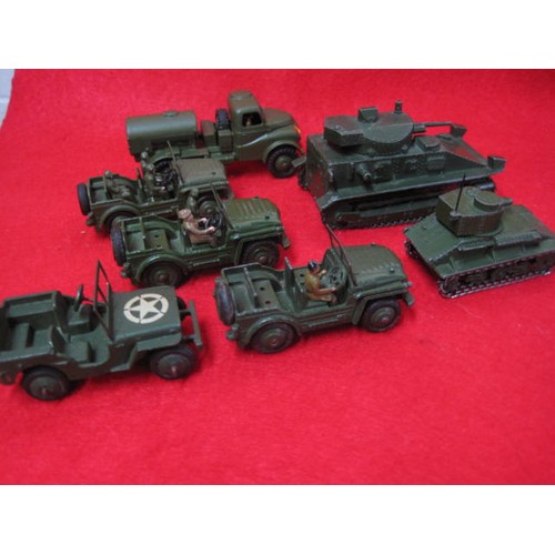 186 - 3 Dinky Austin champs with some missing figures a mobile water tanker, American Jeep and two pre WW2... 