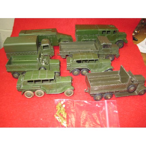 188 - 3 open back dinky Military vehicles all double axle and 3 covered vehicles including command vehicle... 