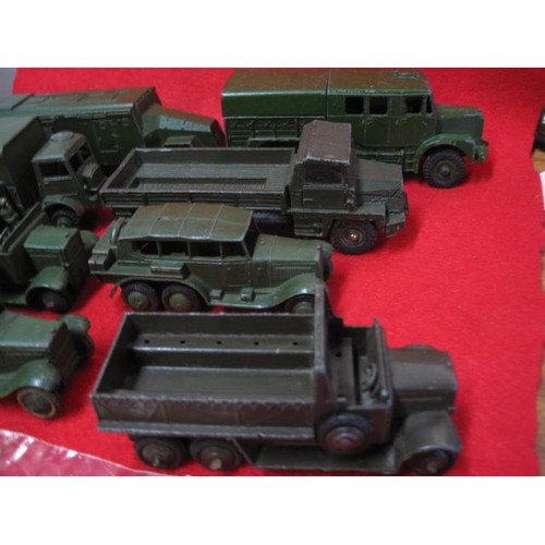 188 - 3 open back dinky Military vehicles all double axle and 3 covered vehicles including command vehicle... 