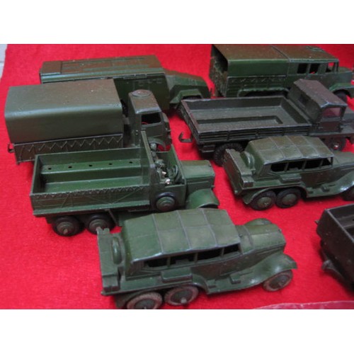 188 - 3 open back dinky Military vehicles all double axle and 3 covered vehicles including command vehicle... 