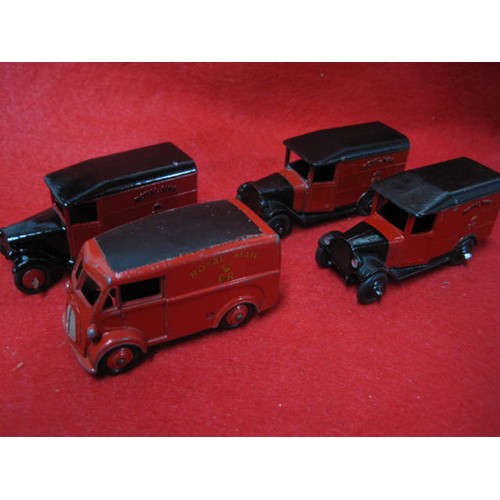 205 - 3 Dinky 34b Royal mail vans in good condition  all red and another later Bedford or morris version