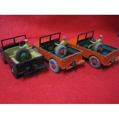 208 - 3 Dinky Land Rovers all complete with Driver 2 Orange and one more traditional Green