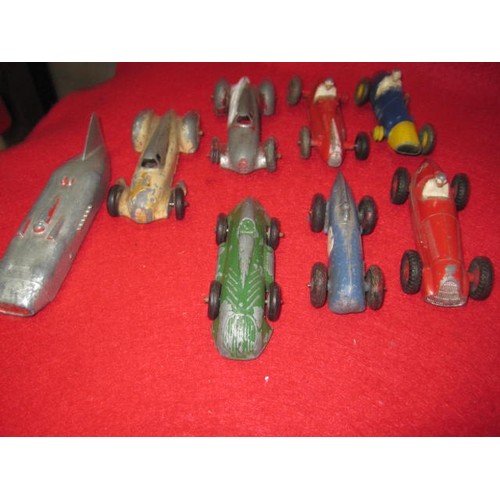 352 - 8 vintage racing cars, 7 by Dinky including 23F Alfa Romeo, 23H Ferrari, 23N Maserati, an early open... 