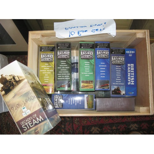 1337 - A wooden crate containing 10 box sets of Steam Railway DVDs, all in good order