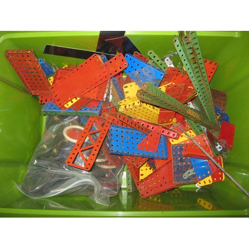 1295B - A large crate containing an assortment of vintage Meccano including a large bag containing wheels et... 