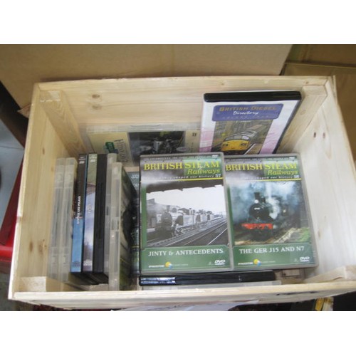 1339 - A wooden crate containing 27 steam engine DVDs featuring railways from around the world