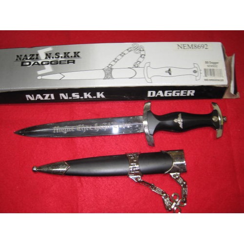 206 - A boxed reproduction Chained Nazi SS Dagger (box marked NSKK, overstuck with SS Dagger), in good ord... 