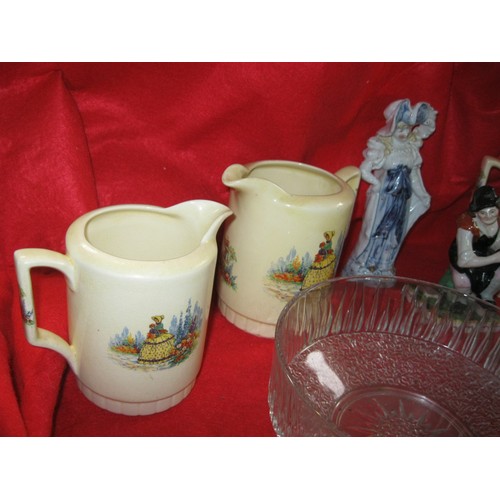 45 - An assortment of glass and china including Victorian figures, bottles and jugs