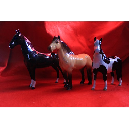 53 - A set of 3 Beswick ponies and horses comprising Highland Pony #1644, Pinto Pony believed #1373 and H... 