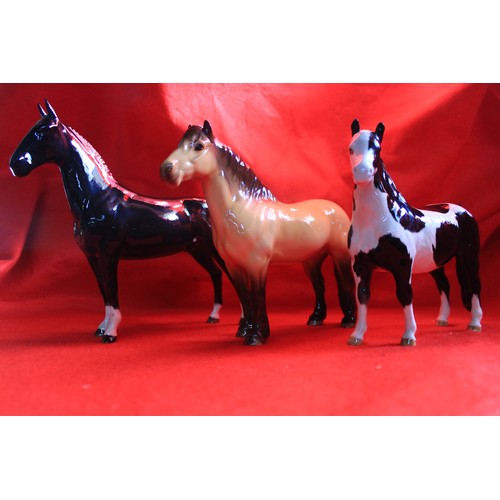 53 - A set of 3 Beswick ponies and horses comprising Highland Pony #1644, Pinto Pony believed #1373 and H... 